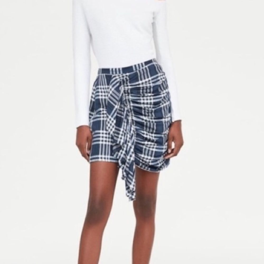 Zara NWOT Linen Blue Plaid Ruffle Skirt